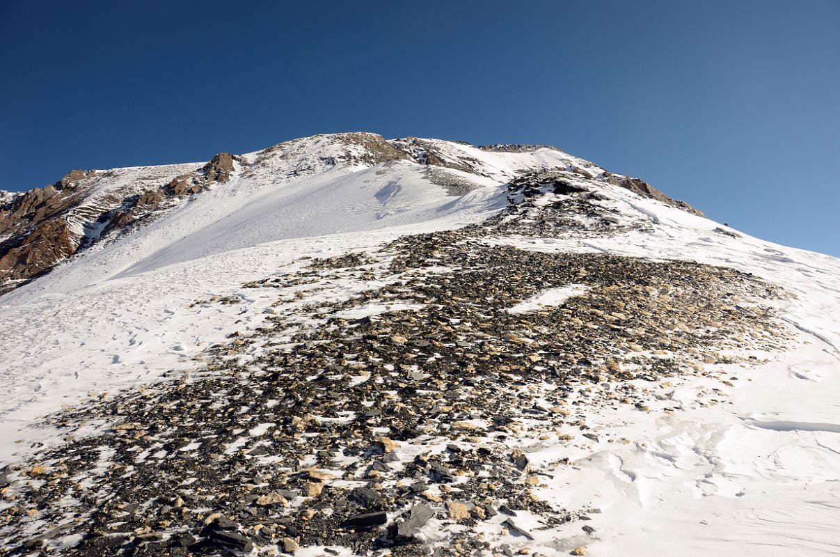 08 Looking Up At The Trail To Dhampus Peak Summit With The Normal Route Coming In At The Top Left From The Top Of The Ridge Above Kalopani At 5646m Climbing Dhampus Peak 